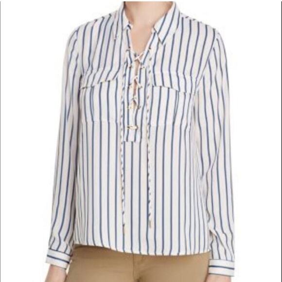 L’Academie Revolve striped lace up long sleeves white‎ blouse size medium - Picture 1 of 7